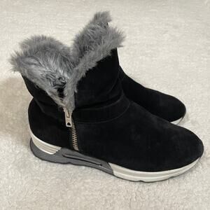 Joyks Made in Italy Fur Lined Booties Black Suede Sporty Flat Gray White 38‎ 7.5